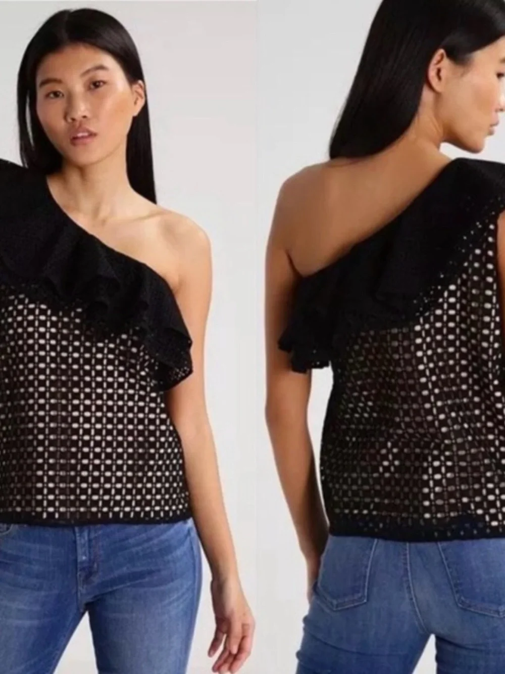J.Crew One-Shoulder Ruffle Top In Black Eyelet - Picture 2 of 8
